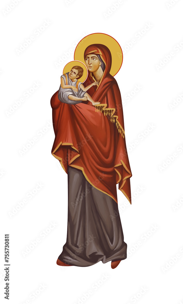 Holy Mary with Jesus. Illustration in Byzantine style isolated on white background