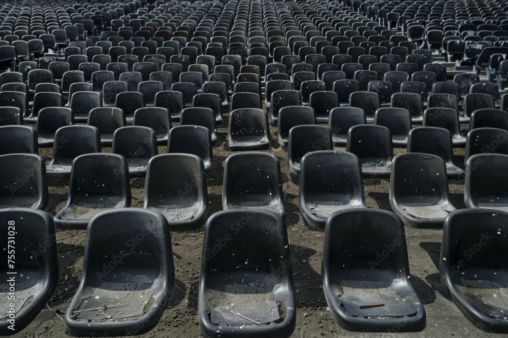 Fototapeta premium Seats of black tribune on sport stadium. empty outdoor arena. concept of fans. chairs for audience. cultural environment concept. color and symmetry. empty seats. modern stadium