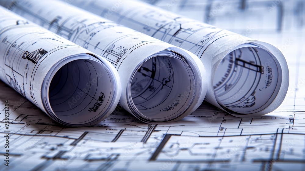 Architectural blueprint and technical project drawing on rolled paper for precise planning Architectural blueprint and technical project drawing on rolled paper for precise planning