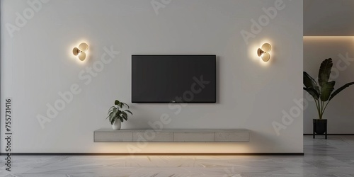 Modern living room interior with tv on cabinet with white wall background and decorative wall lamp, 3d render, 3d illustration