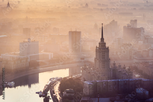 Sunrise in the foggy day over Moscow. Hotel Ukraine, Moskva river, building of Russian Government