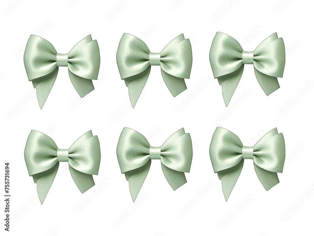 Set of mint satin ribbon and bow isolated on transparent background, transparency image, removed background