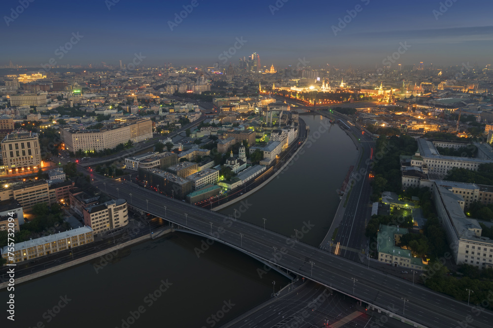 Big Stone Bridge, Moskva river, Kremlin with illumination in Moscow, Russia, view from skyscraper on Kotelnicheskaya quay