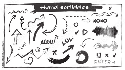 set of handwritten doodles, arrows, patterns, inscriptions, sub text, vectors isolated on white background
