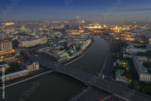Big Stone Bridge, Moskva river, Kremlin with illumination in Moscow, Russia, view from skyscraper on Kotelnicheskaya quay