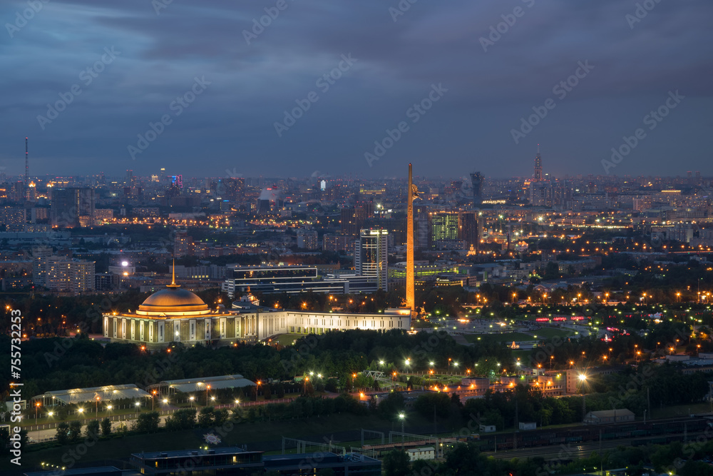 Victory park on Poklonnaya hill with illumination at summer night in Moscow, Russia