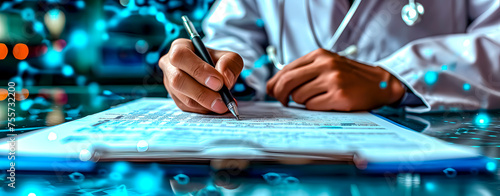 A doctor's or scientist's hand writing a report in a notebook photo