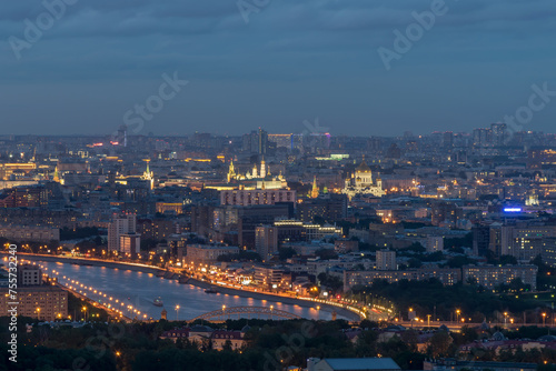River  Churches  Kremlin towers among roofs in center of Moscow  Russia at night