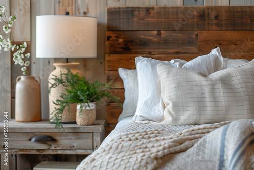 Rustic Bedroom Charm Close-Up of Bedside Table Lamp and Wood Headboard in French Country Farmhouse Style