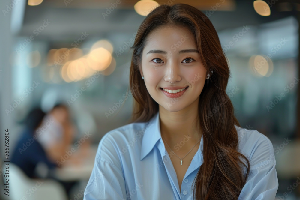 Asian businesswoman in blue formal shirt, arms crossed in meeting room Asian businesswoman in blue formal shirt, arms crossed in meeting room