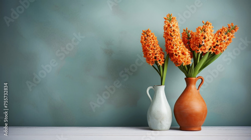 Blooming orange hyacinths in a vase standing on the side. Empty background in a vintage, charming style. Generative AI