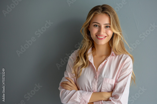 Confident Professional Businesswoman Smiling Young Executive in Pink Shirt, Standing with Arms Crossed