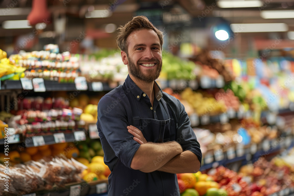 young male emloyee at the supermarket; Supermarket salesman young male emloyee at the supermarket; Supermarket salesman