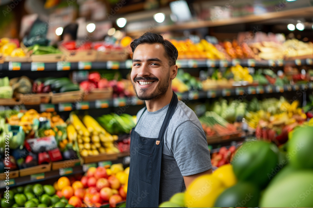 young male emloyee at the supermarket; Supermarket salesman young male emloyee at the supermarket; Supermarket salesman