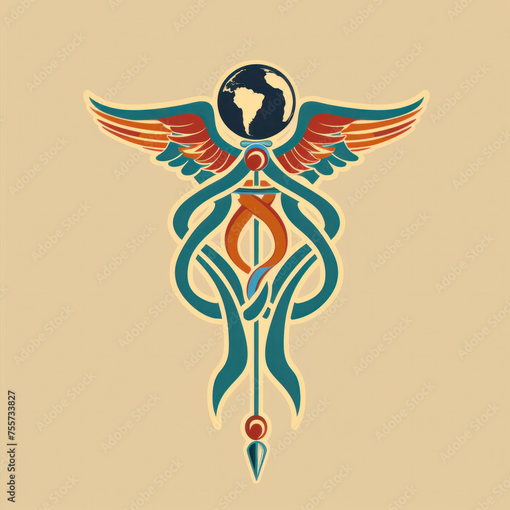 Designer medical symbol health caduceus combined with the globe. Illustration in vector logo style, World Health Day. Medical Worker's Day Designer medical symbol health caduceus combined with the globe. Illustration in vector logo style, World Health Day. Medical Worker's Day