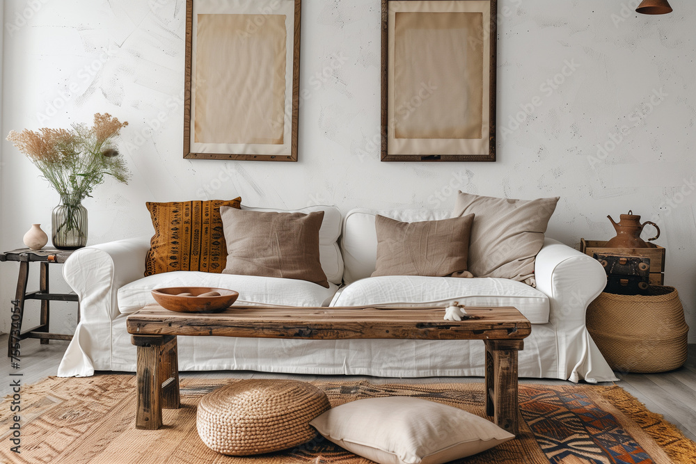 Naklejka premium Boho Chic Living Room: Rustic Coffee Table and White Sofa with Brown Pillows in Ethnic Home Interior