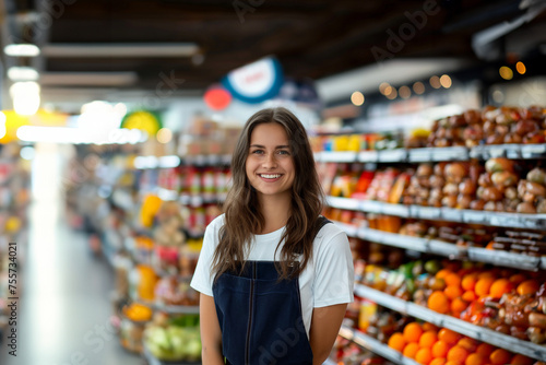 young female emloyee at the supermarket; Supermarket saleswoman