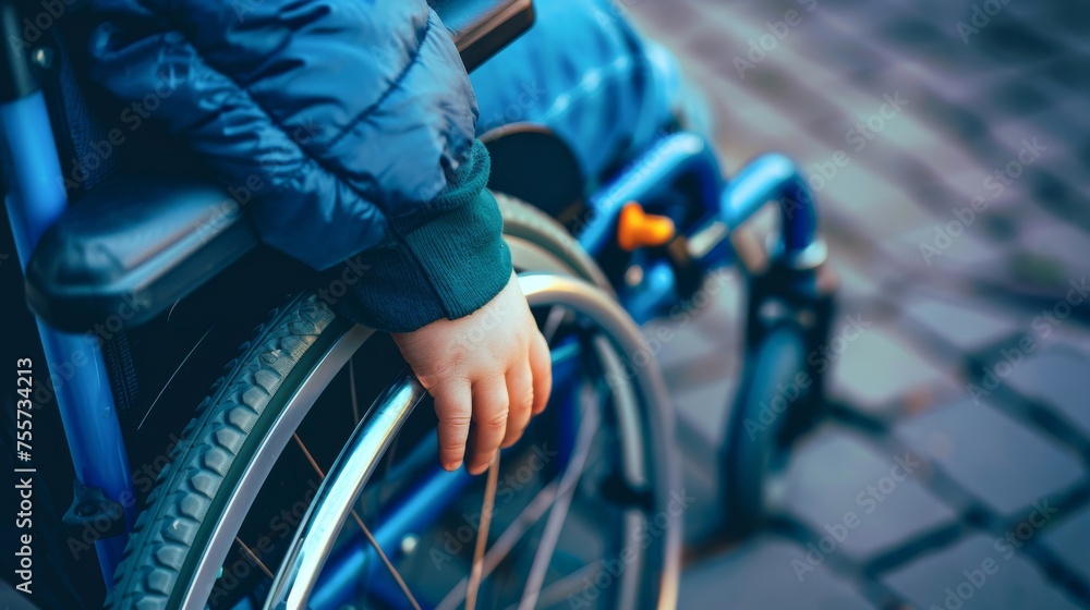 Extreme close up of a childs hands gripping the wheels of their wheelchair Extreme close up of a childs hands gripping the wheels of their wheelchair