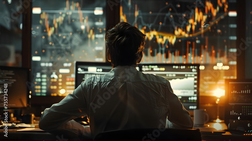 Businessman watching the stock chart rise and fall in LCD translucent hologram