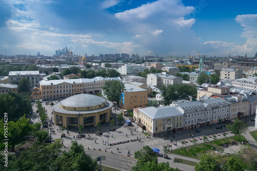 Metro station Novokuznetskaya and panorama of city in Moscow, Russia at sunny day photo