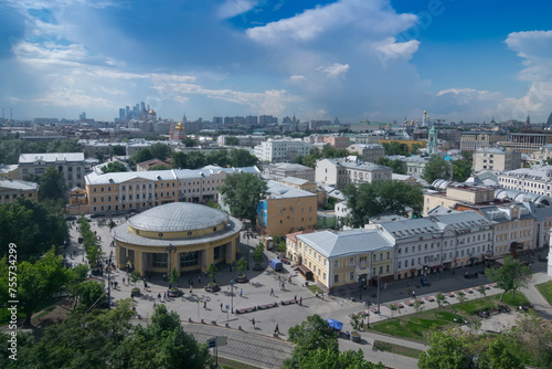 Metro station Novokuznetskaya and panorama of city in Moscow, Russia at sunny day