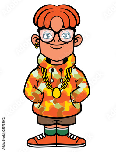 Funny Red dreadlocks Boy cartoon characters wearing casual outfit like eyeglasses, camouflage hoodie jacket, short pants, and sneakers. Best for sticker, logo, and mascot with fashion themes