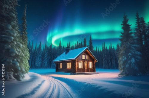 A small wooden cottage in the middle of a winter forest surrounded by trees and northern lights © pavkis