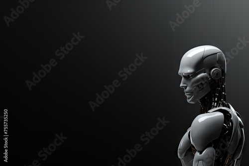 A robot with a black and silver body and a white head