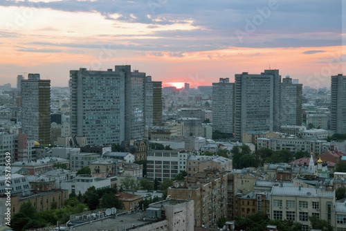 Residential area and buildings of New Arbat Street in center of Moscow, Russia during sunset