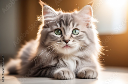 Funny large longhair gray kitten with beautiful big green eyes lying on white table. Lovely fluffy cat licking lips. Free space for text. © Valentina Zaitseva
