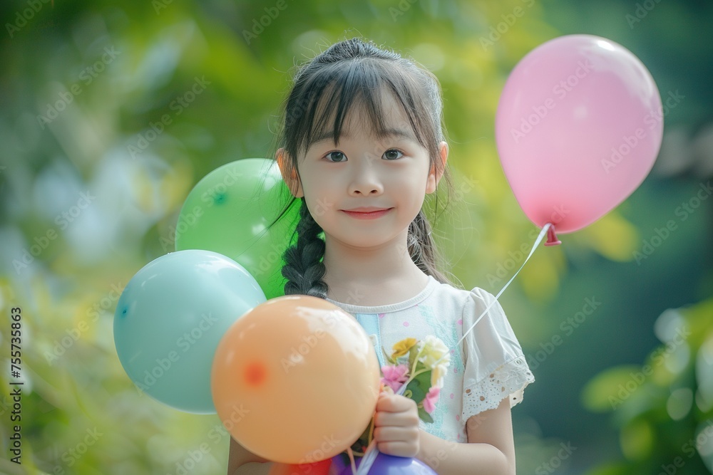 Obraz premium Asian girl holding colorful balloons in her hands