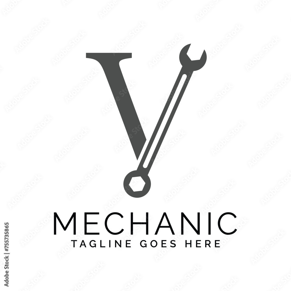 letter V logo with wrench. Alphabet V Spanner Icon design letter V logo with wrench. Alphabet V Spanner Icon design