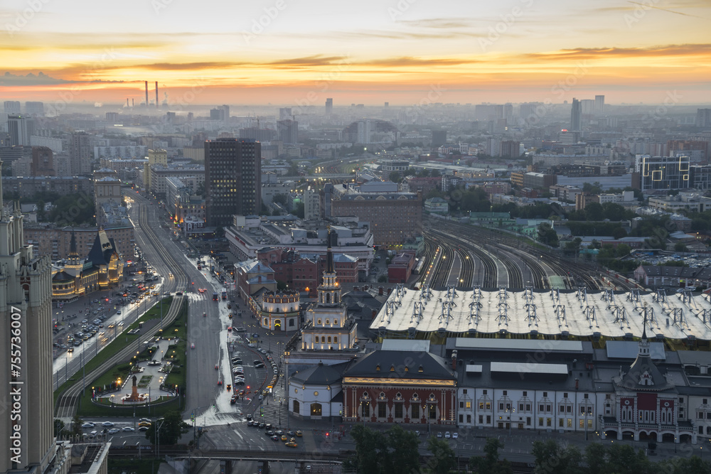 Kazansky Railway Station during sunrise in Moscow, Russia, panoramic view