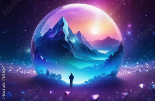 Abstract image of hidden world in a crystal sphere with mountains and silhouette of man