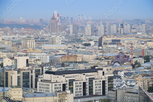 Photography Panoramic view with many roofs in morning of Moscow, Russia, at summer