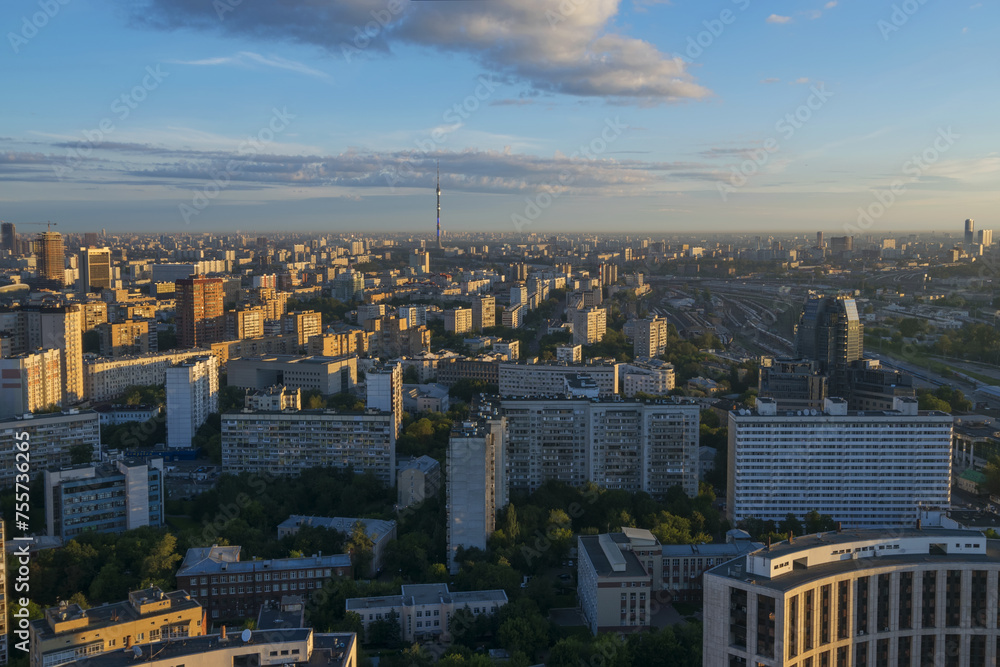 View from Business Center Domnikov to residential area at sunny morning in Moscow, Russia