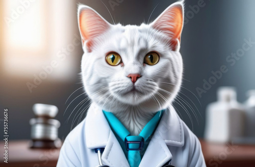 Cat doctor in a medical gown ready to see a patient, feline medical humor