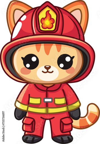 Cute kawaii cat in a firefighter uniform
