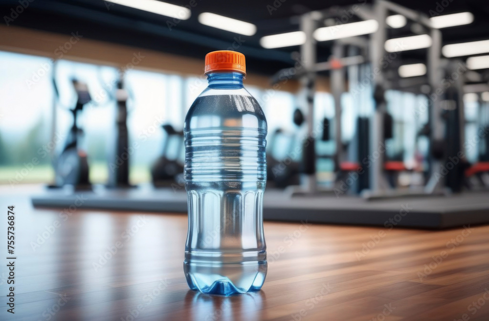 Fresh water bottle on blurred gym background, healthy lifestyle concept Fresh water bottle on blurred gym background, healthy lifestyle concept
