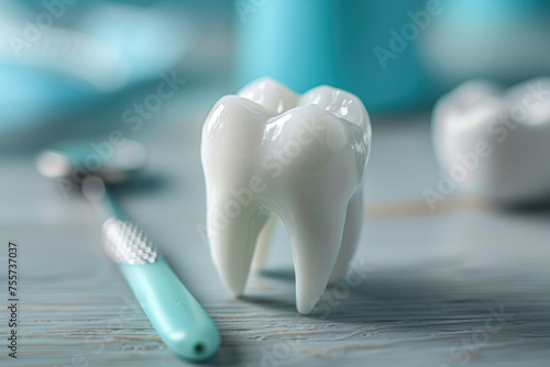 Close-up of a molar tooth model on a dental workspace. 