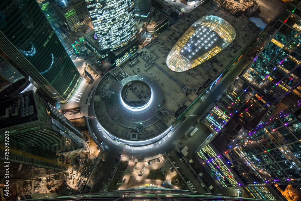  Top view of shopping and entertainment complex Central Core of business complex Moscow City at night. Investments in project Central Core - 300 million dollars