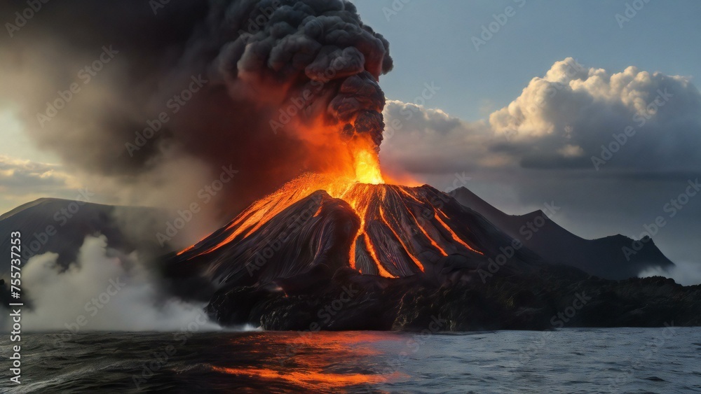 Volcano eruption, hot lava come from the mountain