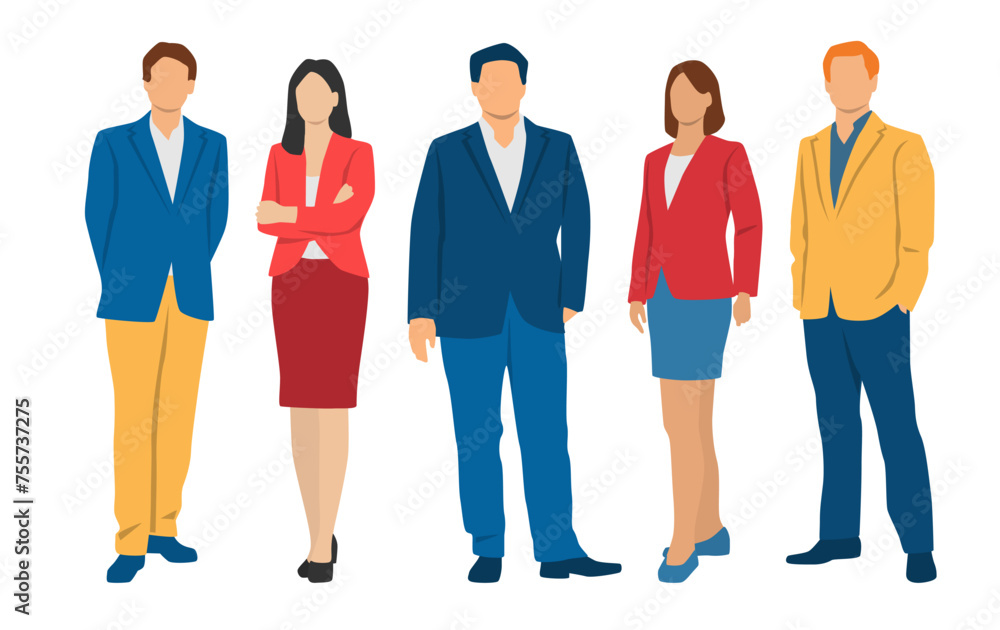 Set of young men and woman , different colors, cartoon character, group of silhouettes of standing business people, students, design concept of flat icon, isolated on white background Set of young men and woman , different colors, cartoon character, group of silhouettes of standing business people, students, design concept of flat icon, isolated on white background
