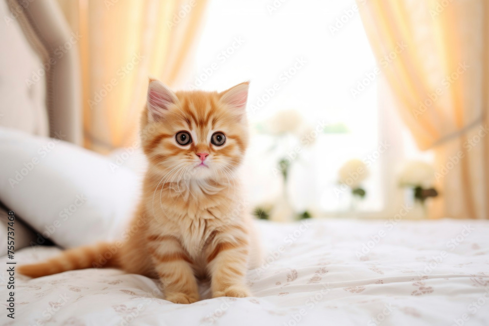 A small red kitten sits on a bed in a bright room with a large window, animal care concept