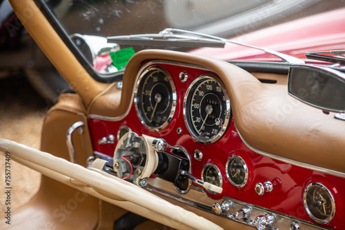 Interior of a classic car with fold down steering wheel