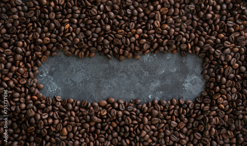 Top view of coffee beans with empty space for text  Roasted coffee beans texture background