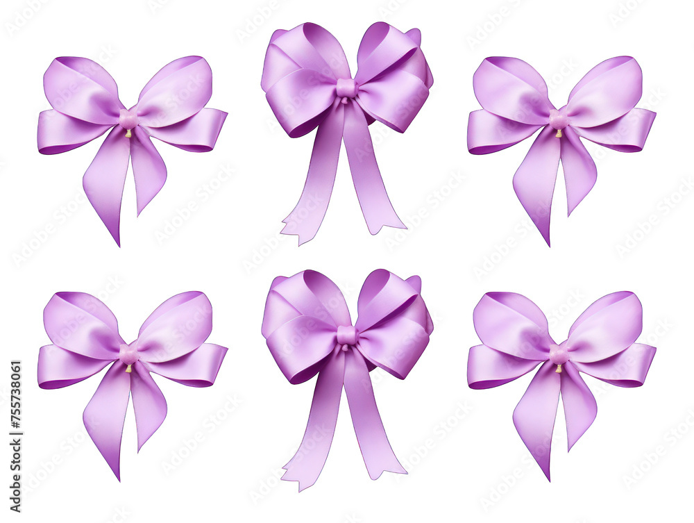 Set of orchid satin ribbon and bow isolated on transparent background, transparency image, removed background