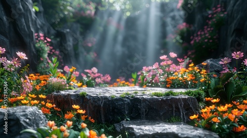 The stone podium surrounded by colorful flowers and plants, with sunlight shining through from above. 