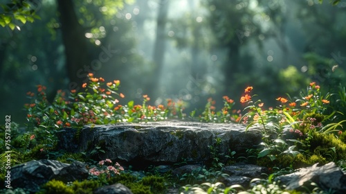  A stone podium in the forest, beautiful sunlight, rays of light through the greenery, spring nature, fantasy in the style of octane render.