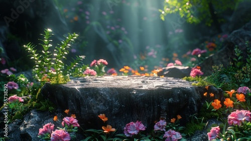The stone podium surrounded by colorful flowers and plants, with sunlight shining through from above. 